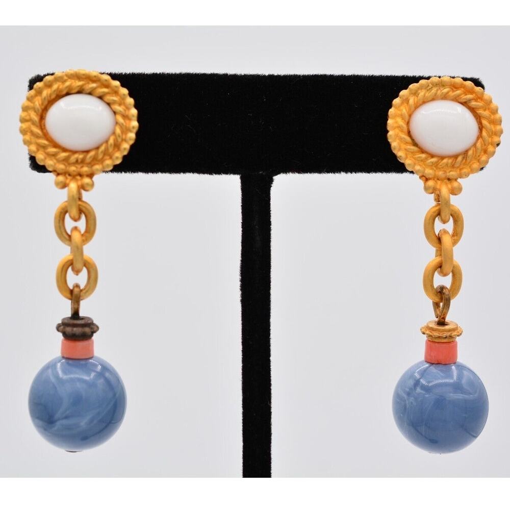 Vintage Cabochon Dangle Earrings White Blue Brushed Gold Chain 90s 1990s BinAZ